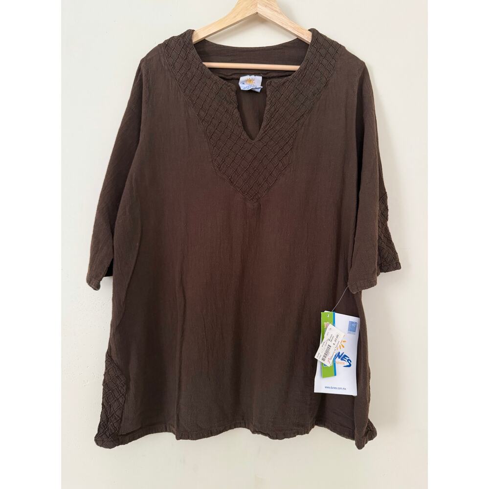 NWT Dunes Tunic Top Women's Brown 100% Cotton Split Woven Neck M 3/4 Sleeve